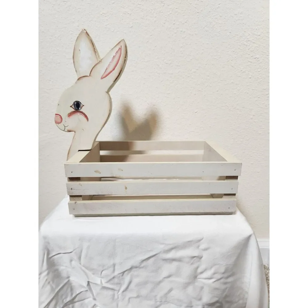 Vintage Wooden Fruit Bread Easter Basket Painted Bunny Crate‎ Box
